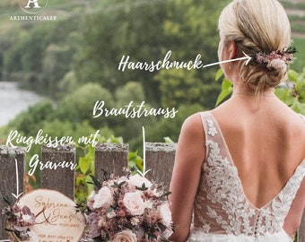 Brautstrauß aus konservierten Blumen | Anstecker Bräutigam | Ringkissen Trockenblumen | Haarschmuck | Hochzeitsdeko alles aus einem Design