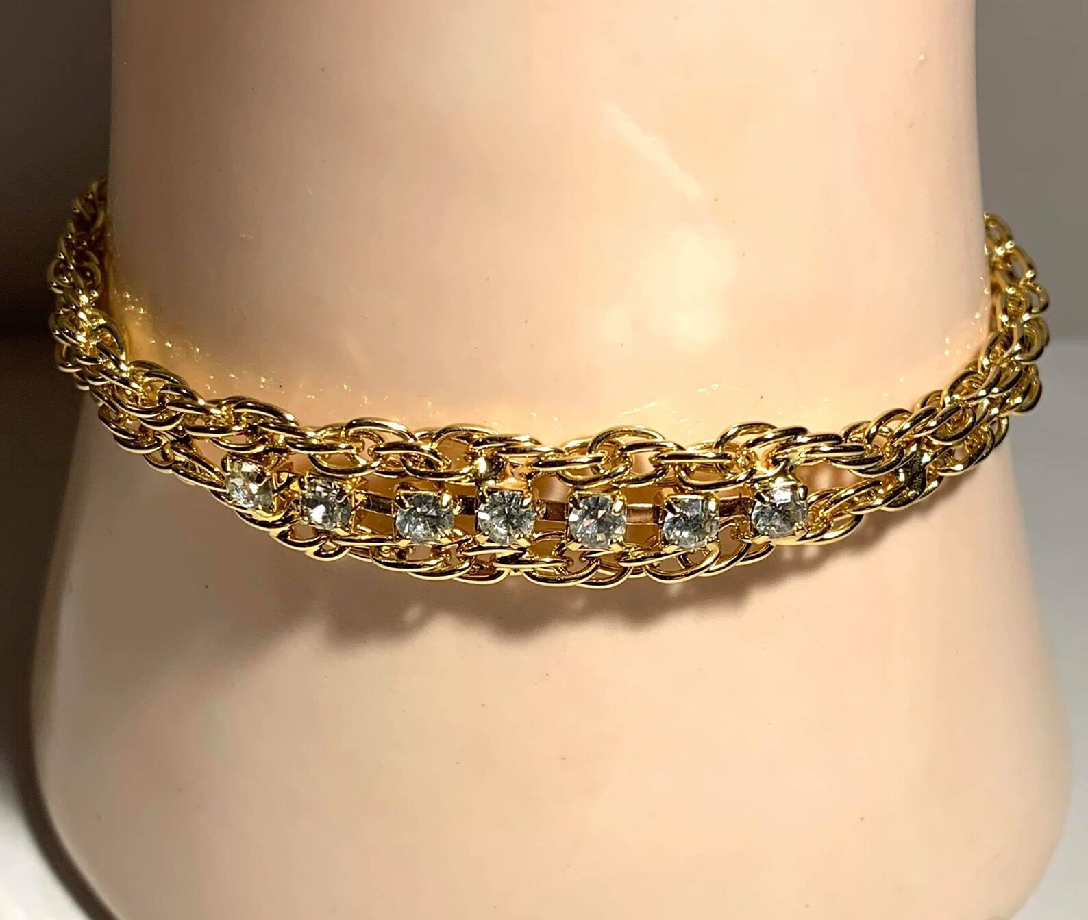 Gold Tone Double Strand Bracelet With Rhinestones Etsy