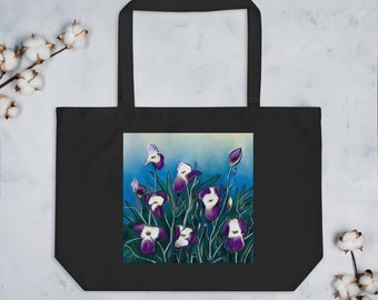 Floral tote bag, beach bag, reusable shoulder bag, irises, tote, grocery bag, summer outdoors