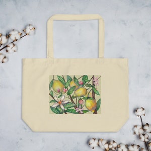 Large Lemon Tote Bag, Eco Friendly Organic cotton, reusable grocery bag, tote gift, lemon botanical citrus decor, farmers market tote,