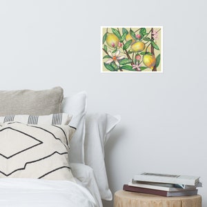 Poster, Lemon botanical print, modern abstract lemon painting, kitchen wall art, garden lemon tree, citrus decor, fruit flower art print