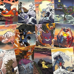 Può includere: Una collezione di 12 carte illustrate con vari personaggi Pokémon in uno stile artistico giapponese. Le carte sono stampate su uno sfondo bianco con illustrazioni colorate di personaggi Pokémon come Charizard, Blastoise e Gengar.