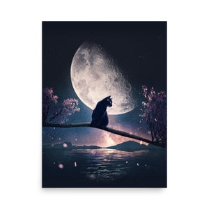 Black Cat and Moon Artwork Print