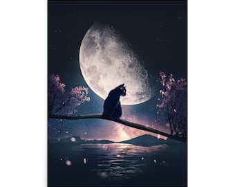 Black Cat and Moon Artwork Print