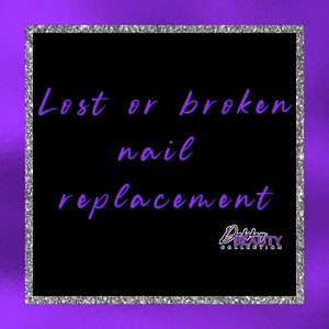 Puede incluir: Texto morado sobre fondo negro con borde de brillo plateado que dice "Lost or broken nail replacement" con el logotipo "Dahlana Beauty Collection" debajo.