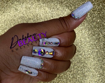 White Glitter Press On Nails | Bling Nails | Luxury Press On Nails | Reusable Nails | Press On Nails Short | Square Nails Press On Nails