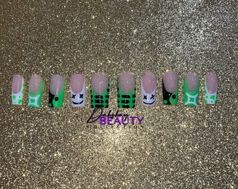 Green Mismatch French Tip Press On Nails | Reusable Press On Nails | Luxury Press On Nails | Nails Press On Short | Custom Press On Nails