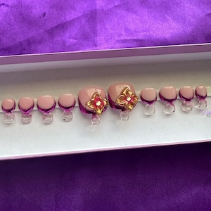 Chrome Pink French Tip Toe Nail Set | 20 pcs Toe Nails Set | 3D Flower Press Ons | Gold Chrome French Tip Toe Nails | French Tip Pedi