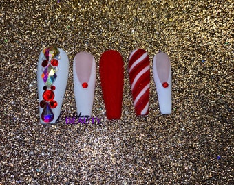 Bling Red Press On Nails: Matte Coffin Luxury Reusable Nails