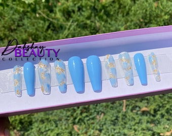 Blue Marble Press On Nails With Gold Flakes | Acrylic Press On Nails | Blue Coffin Nails | XXL Coffin Nails | Press On Nails for Beginners