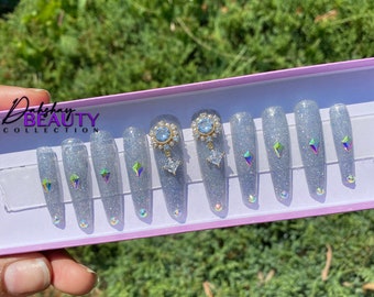 Reflective Glitter Press On Nails | Luxury Press On Nails | Reusable Nails | False Nails | Trendy Nails | Gel Nails | XXL Coffin Nails