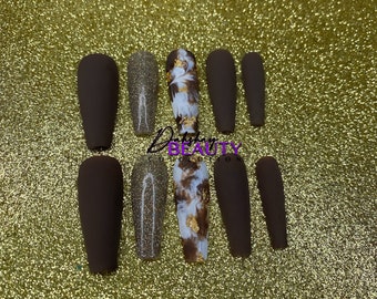 Milky Way Press On Nails | Matte Brown Fall Nails | Brown & Gold Press On Nails | Brown Coffin Nails | Brown and Gold Marble Nails