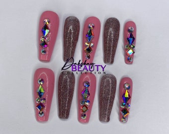 Barbie Girl Press On Nail Set | Bling Nails | Reusable Nails | Coffin Press On Nails | Pink Reflective Nails | Acrylic Press On Nails