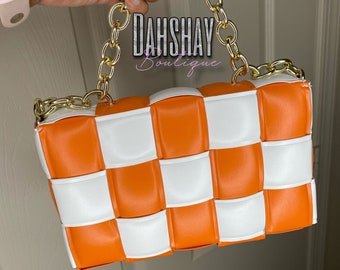 Orange & White Shoulder Bag | Checkers Bag | Evening Bag | Wedding Accessories | Crossbody Bag For Women | Clutch Purse | Cute Bags