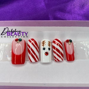 Run Rudolph Press On Nail | Holiday Nails | Luxury Press On Nails | Christmas Nails | Stocking Stuffers | Extra Long Nails | Gift For Her