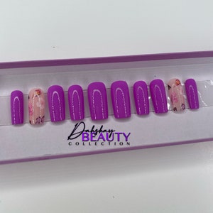 Floral Press On Nail Set | Luxury Press On Nails | Reusable Press On Nails | Presses On Nails | xxl Press On Nails | Purple Nails
