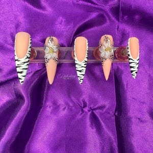 Blue Tropical Press On Nail Set | Summer Nails | Vacation Nails | Long Custom Nails | 3D Floral Nails | Safari Animal Nails | Jungle Nails