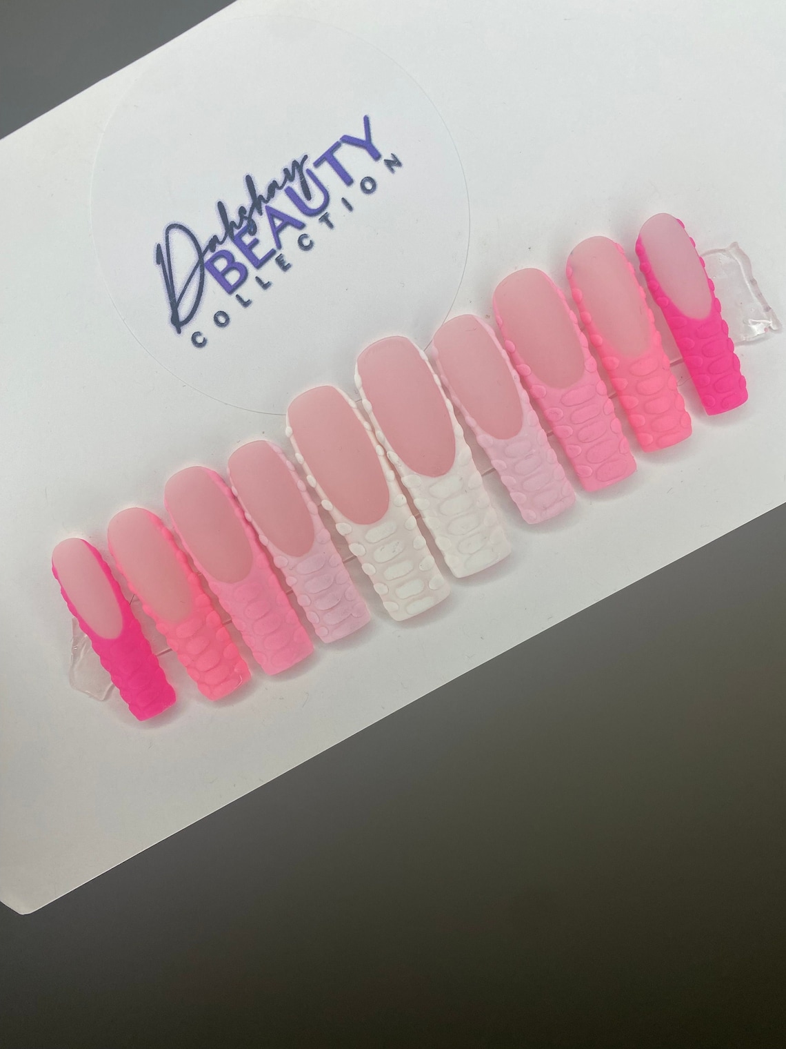 50 Shades of Pink Press on Nail Set Spring Press on Nails French Tip Nails Matte Croc Print