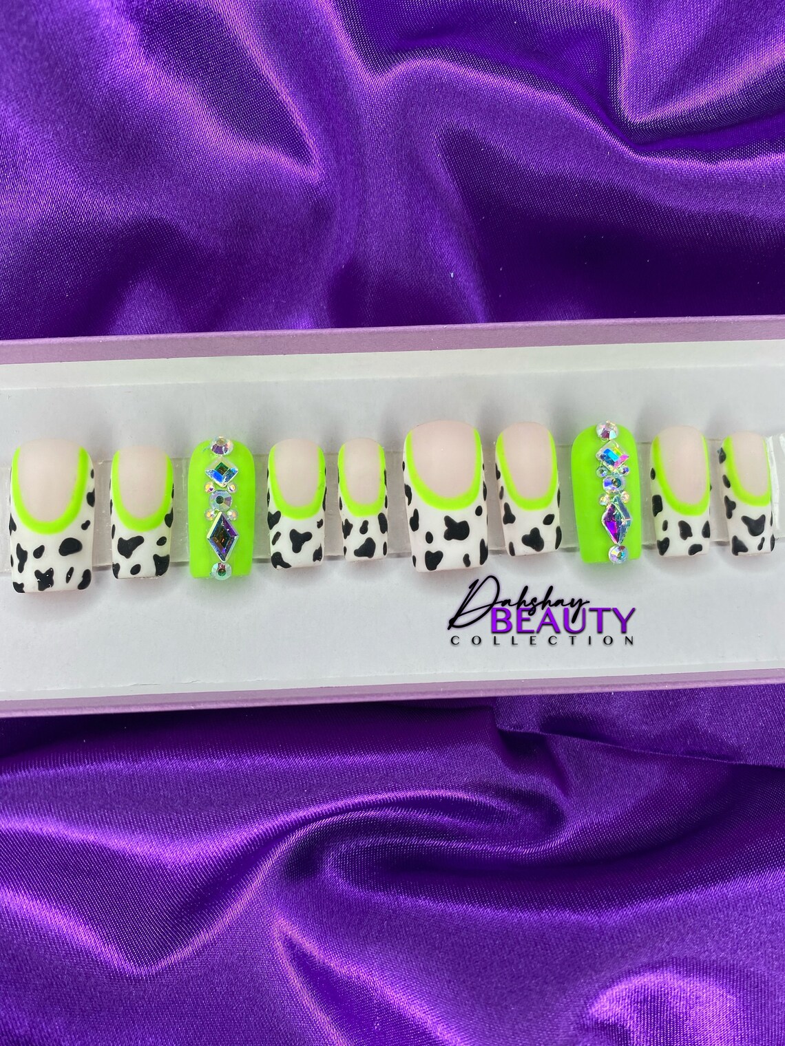 Neon Green Cow Print Nails French Tip Nails Fun Nails Etsy