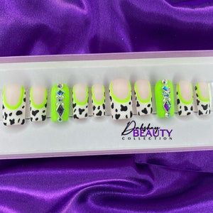 Neon Green Cow Print Nails | French Tip Nails | Spring Press Ons | Cute Nail Designs | Luxury Press On Nails | Glue on Nails | Green Nails