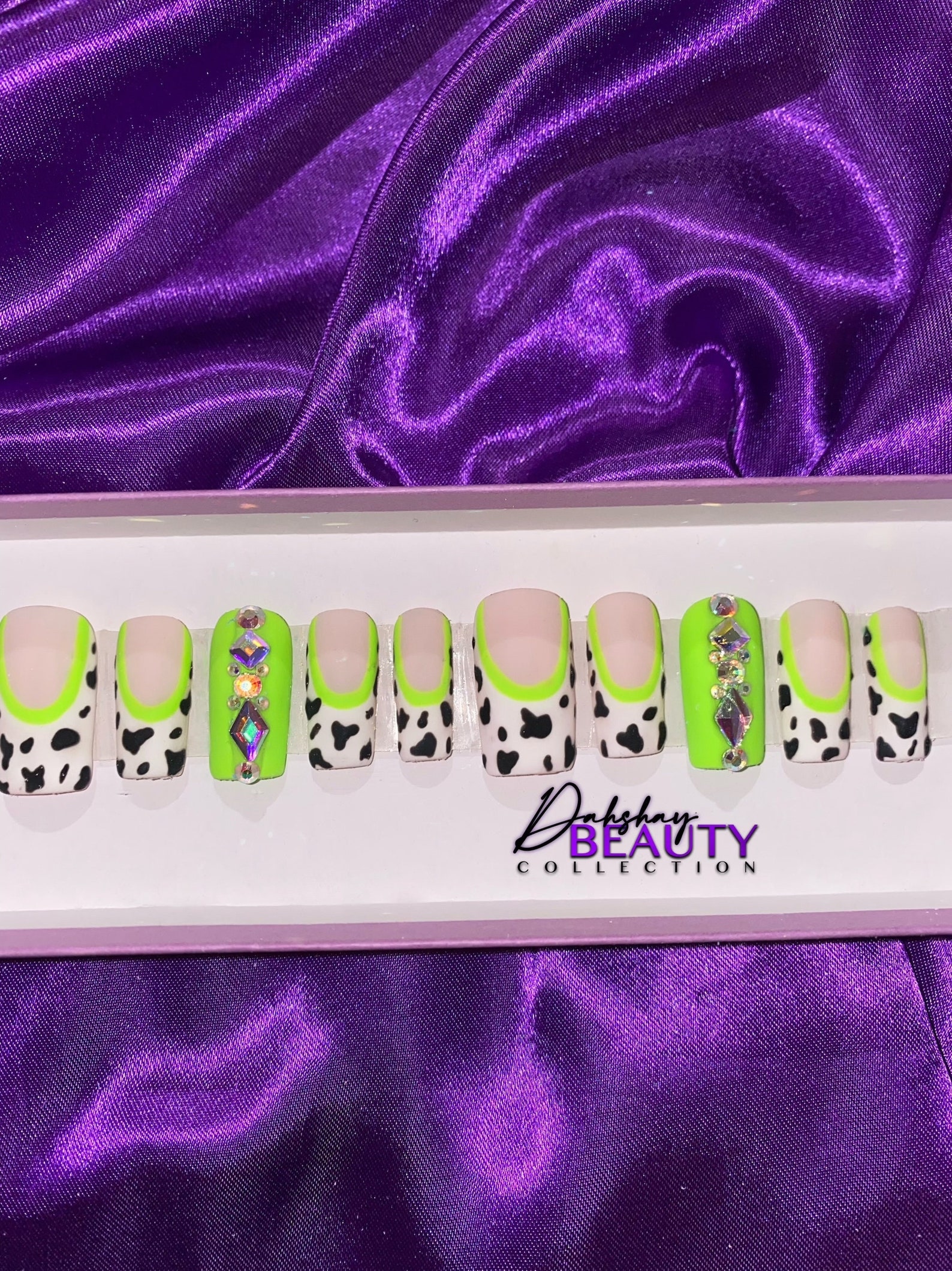 Neon Green Cow Print Nails French Tip Nails Spring Press Ons Cute Nail Designs Luxury Press on