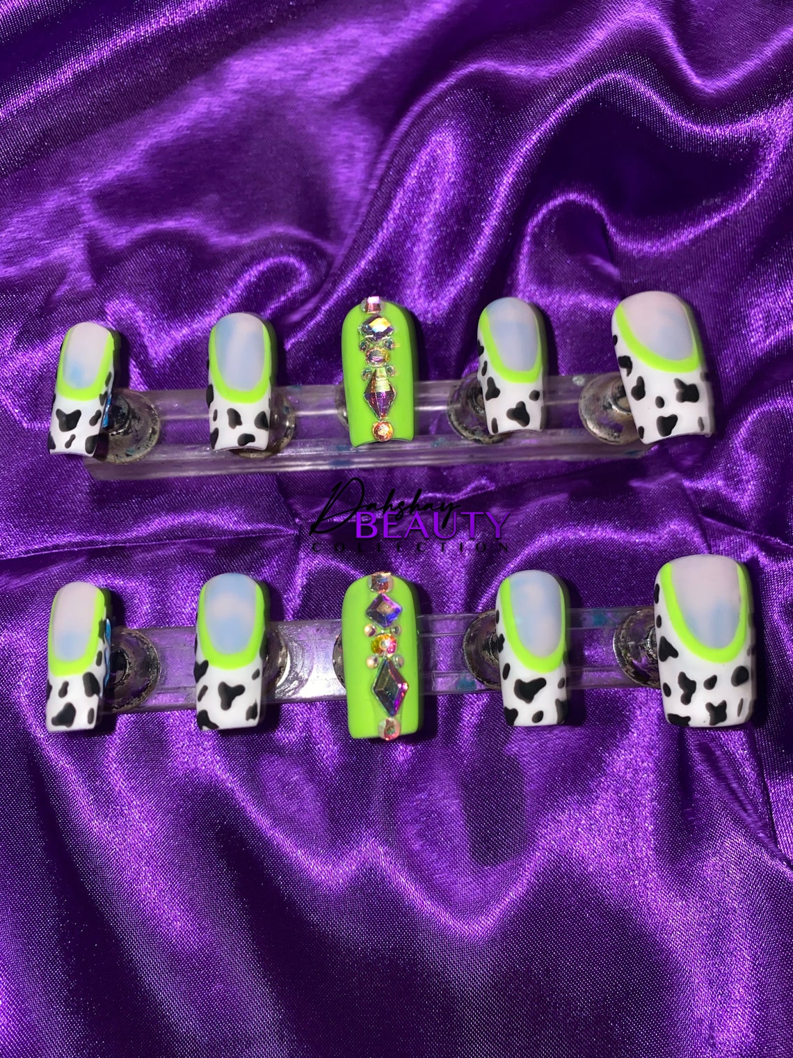 Neon Green Cow Print Nails French Tip Nails Fun Nails Etsy