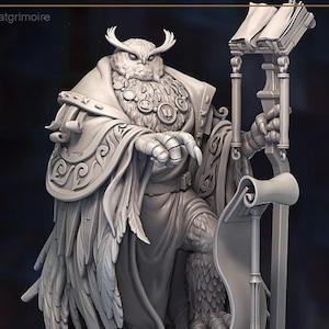 May include: A gray owl-like figure wearing a robe and holding a scroll. The figure is standing on a pile of books. The text "Great Grimoire" is visible in the lower right corner of the image.