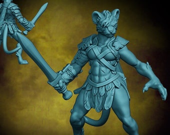 Leonin Swordswoman | Velrock | 3d Printed Resin Miniature | Mini | Fantasy | Dungeons & Dragons | Pathfinder | RPG | Tabletop Gaming