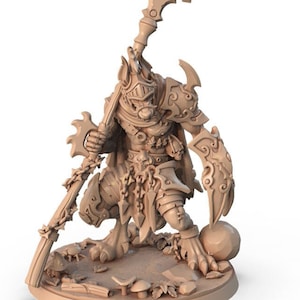 May include: A brown, detailed miniature figurine of a wolf-like creature wearing armor and holding a spear. The figurine is standing on a round base with a mushroom and leaves.