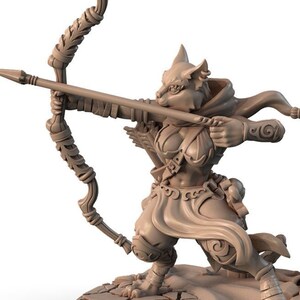 May include: A brown painted miniature figurine of a cat-like humanoid archer with a bow and arrow. The figurine is standing on a circular base with a cracked stone texture. The figurine is wearing a hooded cloak and a skirt with a belt. The figurine is holding a bow and arrow in its right hand and is aiming at something off-screen. The figurine is painted in a realistic style and has a detailed face and body. The figurine is a great addition to any tabletop game or collection.