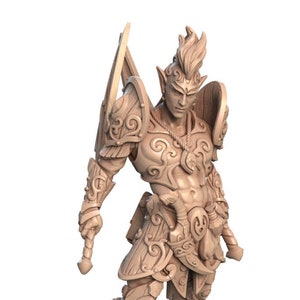 Puede incluir: Figura de fantasía de color beige de un guerrero elfo, vestido con una armadura ornamentada y sosteniendo una espada y un escudo. La figura está sobre una base con pequeñas rocas y follaje. El logotipo de Signum Workshop está en la esquina superior derecha.