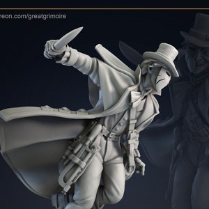 May include: A gray 3D printed miniature of a figure wearing a top hat, mask, and coat, holding a knife. The figure is running and has a tool belt with various tools. The miniature is on a gray stone base. The text "Great Grimoire" is visible in the lower right corner.