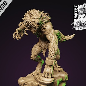 May include: A detailed, pre-supported 35mm scale miniature of a patchwork werewolf, a monstrous creature with a wolf-like head, human-like body, and a patchwork of fur and skin. The miniature is posed in a dynamic stance, with one paw raised and claws extended, as if ready to attack. The miniature is sculpted in a light brown color, with details such as fur, claws, and teeth clearly visible.