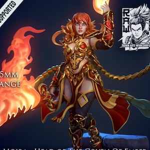 Puede incluir: Figura detallada de Moira, la Elfa Piromante, de Coven of Ember. Viste una armadura roja y dorada, empuñando una espada llameante y una bola de fuego. La imagen incluye el texto "PRE-SUPPORTED" y "35mm RANGE".