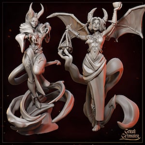 May include: Two grey resin fantasy figurines featuring winged, horned characters. One figure holds a lantern-like object, while the other stands with a flowing tail. Both display intricate clothing details and the text Great Grimoire at the bottom.