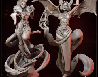 Erebeth and Lilura - Tiefling Sorceresses | Great Grimoire | 3d Printed Resin Miniature | Mini | Dungeons & Dragons | Pathfinder | Tabletop