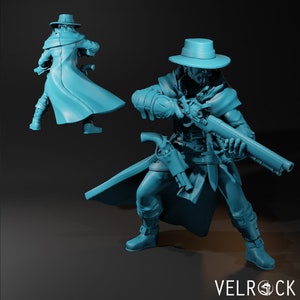 Puede incluir: Una figura en miniatura de color azul turquesa de una persona que lleva un abrigo largo y un sombrero, sosteniendo un arma en cada mano. La figura está en una postura de acción dinámica.