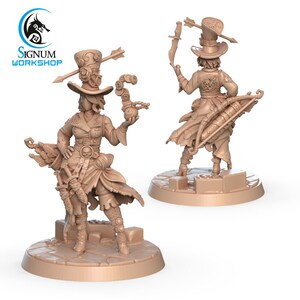 May include: A tan-colored miniature figure of a character with a hat, bow, and arrows. The figure is holding a spherical object and a knife. The figure is standing on a circular base. The Signum Workshop logo is in the upper left corner.