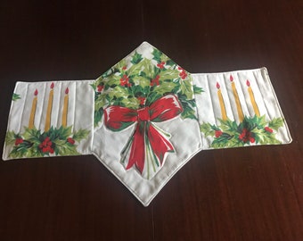 Christmas candle table runner, vintage tablecloth