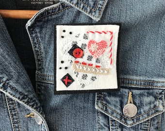 Handmade brooch, slow stitch design, embroidery, lace, button and beads