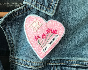 Heart brooch, slow stitch embroidery and vintage lace