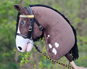 DARK BROWN spotted hobby horse with tack/bridle