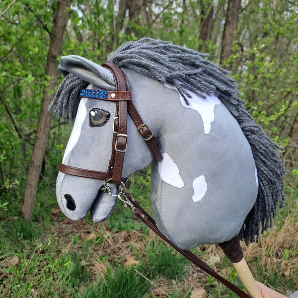 SMALLER SIZE: SPOTTED grey-white hobby horse with bridle