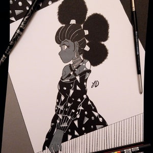 May include: Black and white illustration of a woman with a geometric patterned dress and large afro puffs. The woman is standing in profile and looking to the side. The background is a black and white geometric pattern.