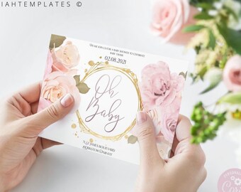 Editable Oh Baby Invitation Template, Blush and Gold Baby Shower Invitation, Floral Baby Invite, Girl Oh Baby Invite, DIY Instant Download