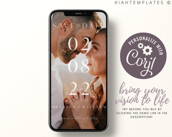 Puede incluir: Una tarjeta digital de guardar la fecha con una foto de pareja. El texto dice "Save the Date 02 08 22 Jessica & William".