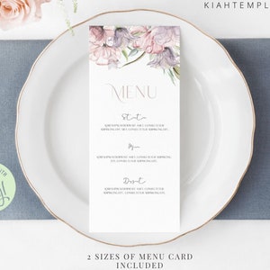 Einfache Hochzeit Menü Vorlage, elegante Blumen bearbeitbare Vorlage, Sofortiger Download, Lila Blumen Hochzeit Abendessen Menü Karte bedruckbar, KT1