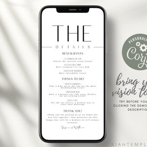 Minimalist Wedding Weekend Itinerary Digital Template, Editable Minimal Wedding Schedule Text Evite, Wedding Weekend Party DIY Timeline, KA1