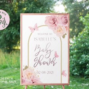 Pink Butterfly Baby Shower Welcome Sign, Blush and Gold Butterflies, Oh Baby Girl Party Poster, Editable Printable Template, Customizable