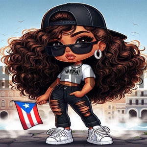 May include: Cartoon illustration of a person wearing a black cap, sunglasses, and ripped jeans, holding a Puerto Rican flag. The person is wearing a white crop top with the word "WEPA" and white sneakers. The background features a cityscape.
